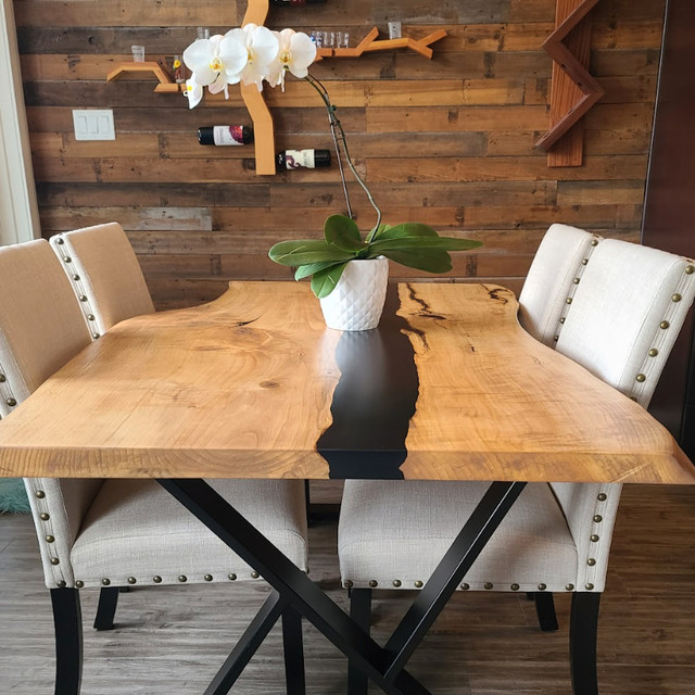 custom made live edge dining table with black epoxy resin Dining