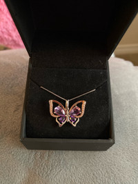 Sterling Silver/Rose Gold 10K and Amethyst Butterfly Necklace