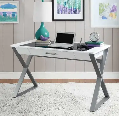 desk, glass top, built in USB/electrical port, & drawer, View more