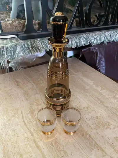 GLASS AND GOLD DECANTER & GLASSES, View more