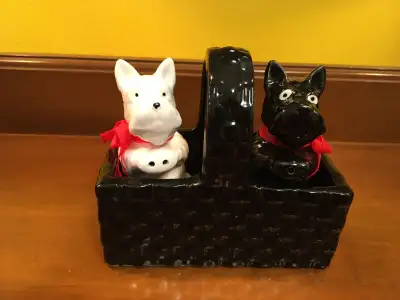 Vintage Ceramic Salt & Pepper Shakers Scottie Dogs B&W in Basket. Glossy black and white Scottish te...