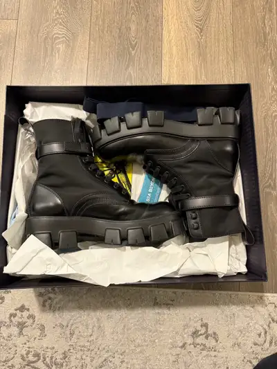 Prada Monolith Leather Re-Nylon Combat Boots w/ Pouches, View more