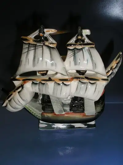 Ship Planter Ornament, vintage, good used condition, measures approximately 6.5 inches tall by 6.5 i...