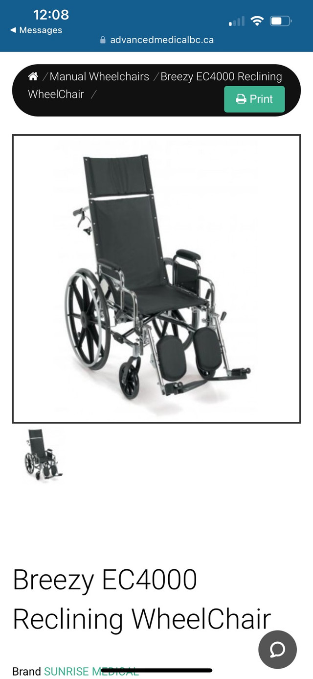 Brand new Breezy EC 4000 reclining wheelchair in Health & Special Needs in Strathcona County