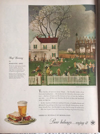 1945 Beer Belongs Roof Raising by Marianne Appel Original Ad