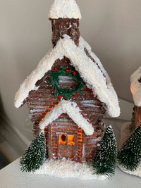 Three piece log cabin ceramic Christmas village set  all lightup