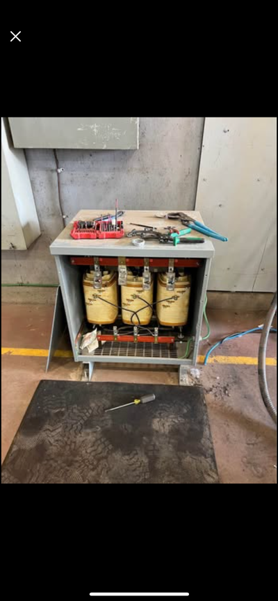 Transformer, breaker box and cables to upgrade shop power from 208 volts to 600 volts. (3 phase powe...