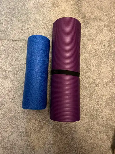Yoga items - mat (purple) and roll (blue), View more