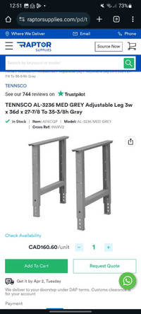 TENNSCO Metal Workbench Adjustable Leg 3" x 30"d x 27"  To 35"