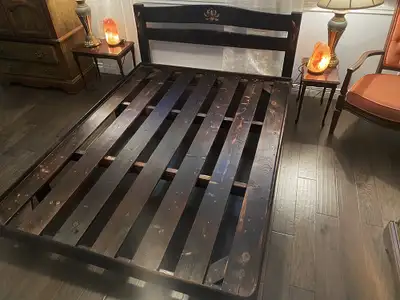 Queen size bed frame, solid dark wood, custom made with carvings, View more