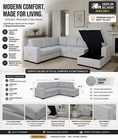 Modern Grey U Shaped Pullout Sofa bed with Storage Ottoman COD, View more