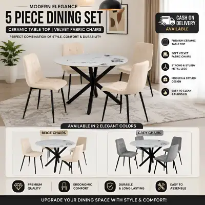 Modern 5 Piece Ceramic Dining Set | Velvet Chairs | COD, View more