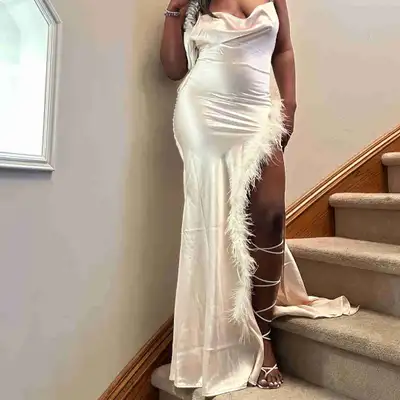 White satin dress with fur side slit, View more