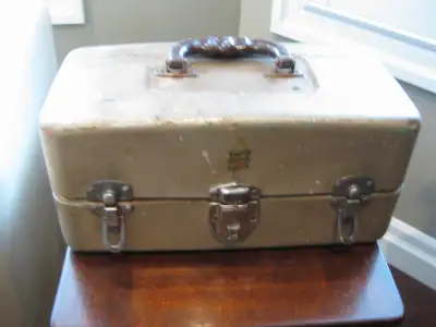 Vintage Three Tray Metal Fishing Tackle Box with Formed Handle, View more