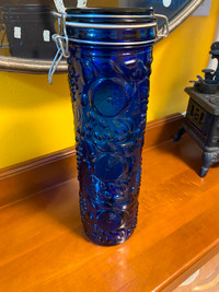 Vintage Tall Cobalt Blue Glass Pasta Jar with Metal Snap Lid