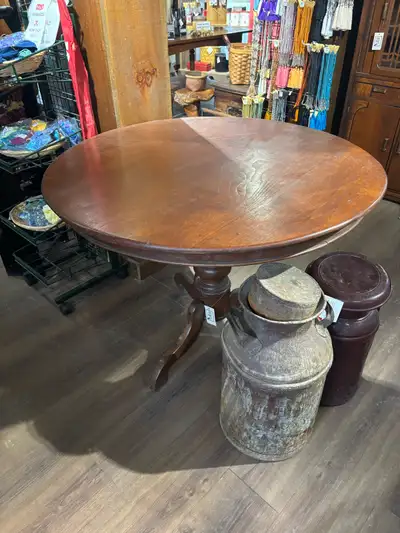 Antique teakwood round table•carved pillar leg base 42.5”x31”H Java, Indonesia Pick up Callander