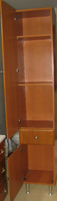 Tall Narrow Wood Storage Cabinet Adjustable Shelves & Drawer in Other in Saint John - Image 2