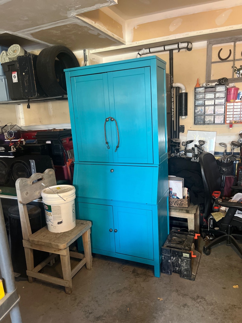 Teal blue curio w/ fold down desk door Hutches & Display