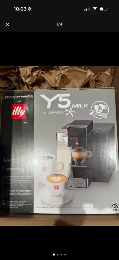 Selling a brand new illy y5 coffee machine brand new in the box with plastic and styrofoam never ope...