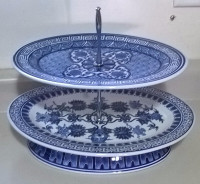 Vintage Bombay Blue and White 2 Tier Oval  Cake Stand