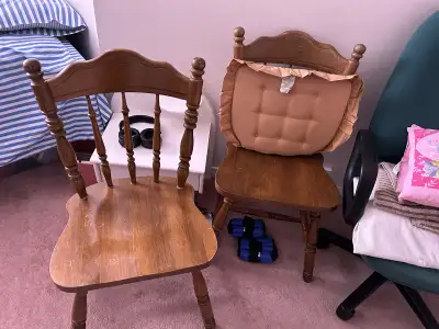 A pair maple chairs with high back $75 Also available is a big quasi rectangular shaped dining table...