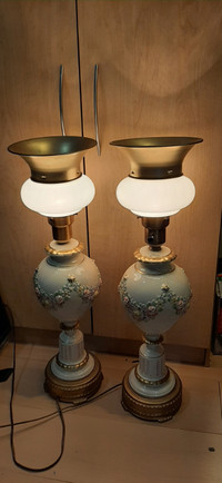 Vintage 30" tall table lamps. Style - French Oil Lamps. Gilt Bro