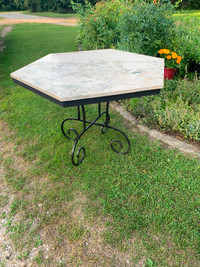 Vintage Metal Table Base & Heavy Hexagonal Marble Top, $30