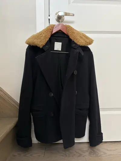 Sandro men's navy wool peacoat jacket with a shearling collar, View more