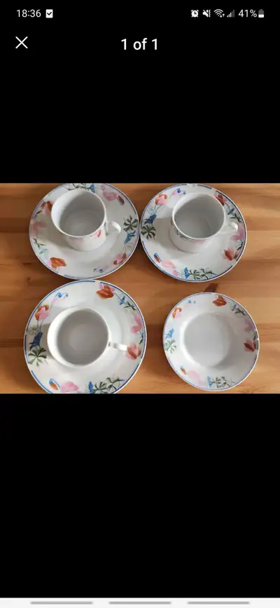 White Floral 3 Tea Cups & 4 Plates Set, View more