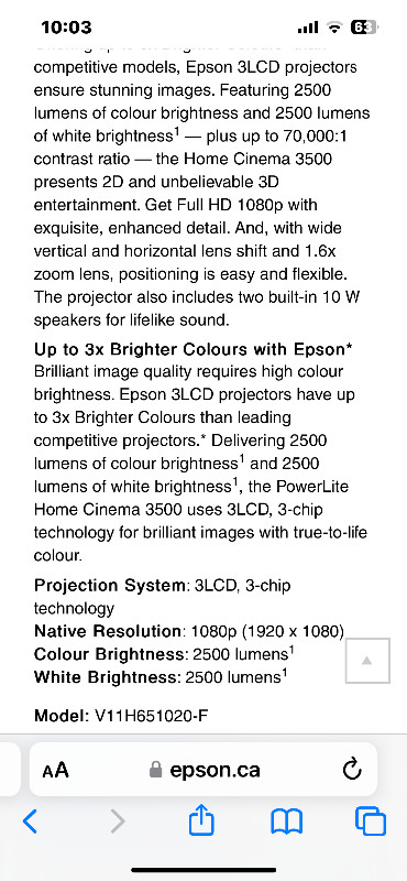 Epson Home Cinema 3500  2D/3D 1080p 3LCD Projector in General Electronics in St. Albert - Image 3