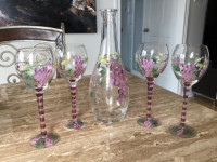 Hand Painted Wine Carafe/Decanter & 4 Wine Glasses