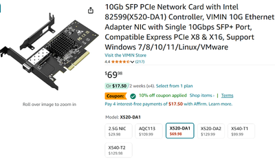 10Gb SFP PCIe Network Card with Intel 82599 Controller, View more