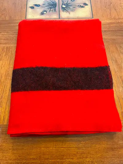 Vintage Wool Blanket Red with Black Stripes 74" x 88" Unmarked, View more