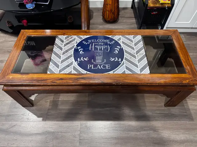 Wooden Coffee Table with Glass and Tile Inserts