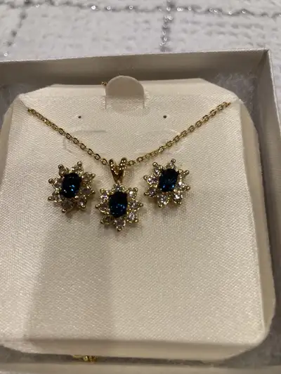 Blue sapphire and diamond earrings and necklace set, View more