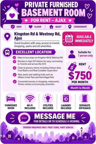Private Furnished Basement Room for Rent – Ajax $750/month – Month to Month | Available Immediately...