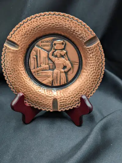 Vintage Ricordo D'Abruzzo Copper Ashtray "Woman at Well", View more