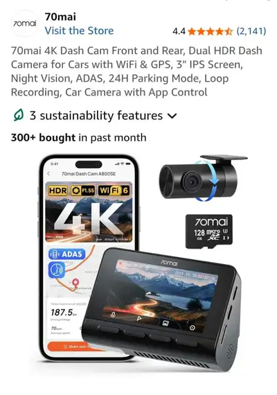 70mai 4K Dash Cam Front and Rear, View more