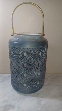 9"T Grey Metal Candle Lantern w Cutout Design