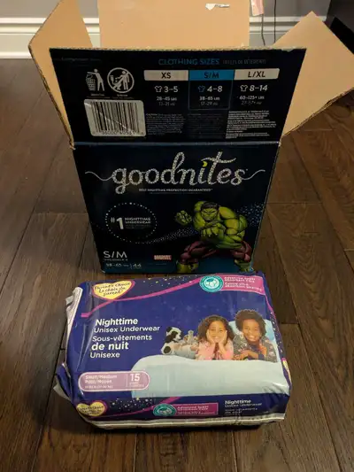 Nightime underwear for kids. Size s/m. Goodnites has one full unopened sleeve, and a second opened s...