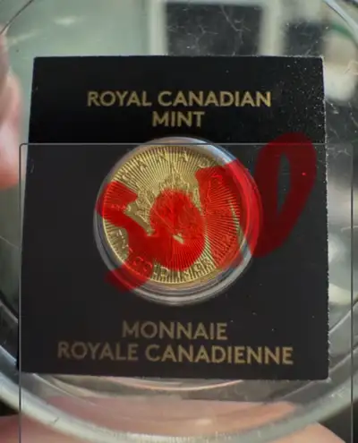 This is a 1 gram coin of 9999 fine gold from the Royal Canadian Mint. It features a maple leaf desig...