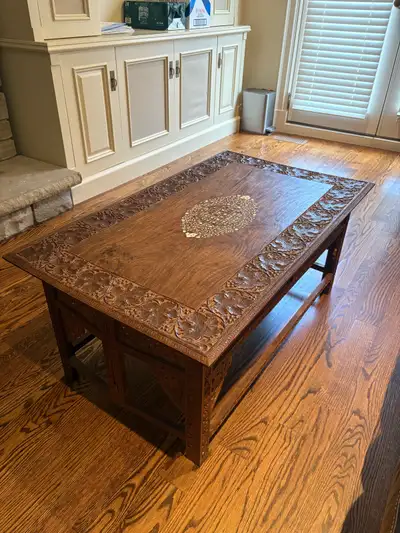 Gorgeous Hand-Carved Wooden Coffee Table with Inlay Detail, View more