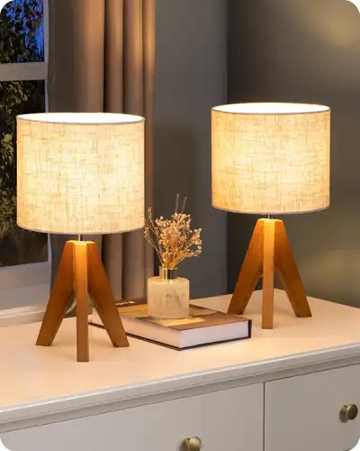 EDISHINE Small Table Lamp, Wooden Tripod Bedside Lamp with Linen, View more