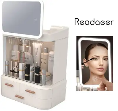 READAEER MAKEUP ORGANIZER WITH ADJUSTABLE LED MIRROR & DRAWERS, View more