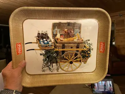 Vintage Coca Cola tray with fruit basket wagon Metal tray Wagon with Fruit design Basket with Coca C...