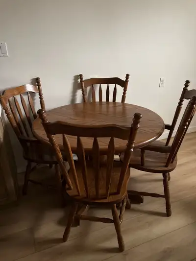 Oak table with chairs n leafs, View more