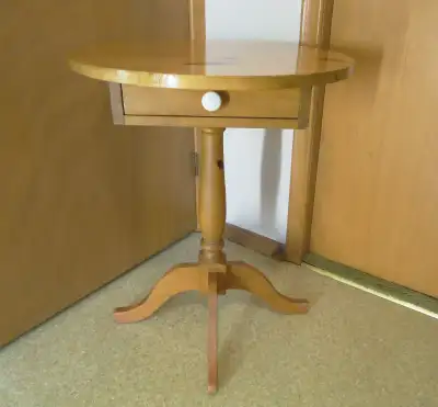 ANTIQUE SOLID  ROUND TURNED PEDISTAL TABLE WITH DRAWER, View more