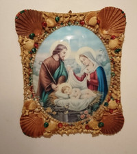 Vintage Italian Sea Shell Framed Baby Jesus Christ Wall Art