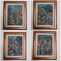 Traditional Balinese Paintings on linen, 2 tone wood frame