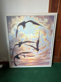 Extra Large Framed Painting Oil on Canvas Seagulls Flying Birds